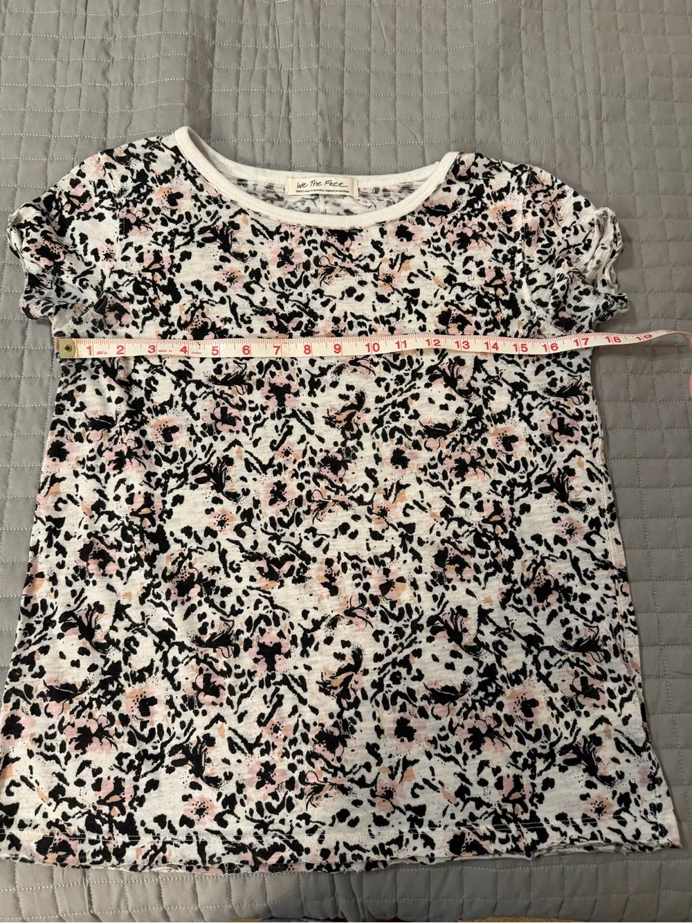 Free People White Short Sleeve Tee with Pink and Black Floral Print
